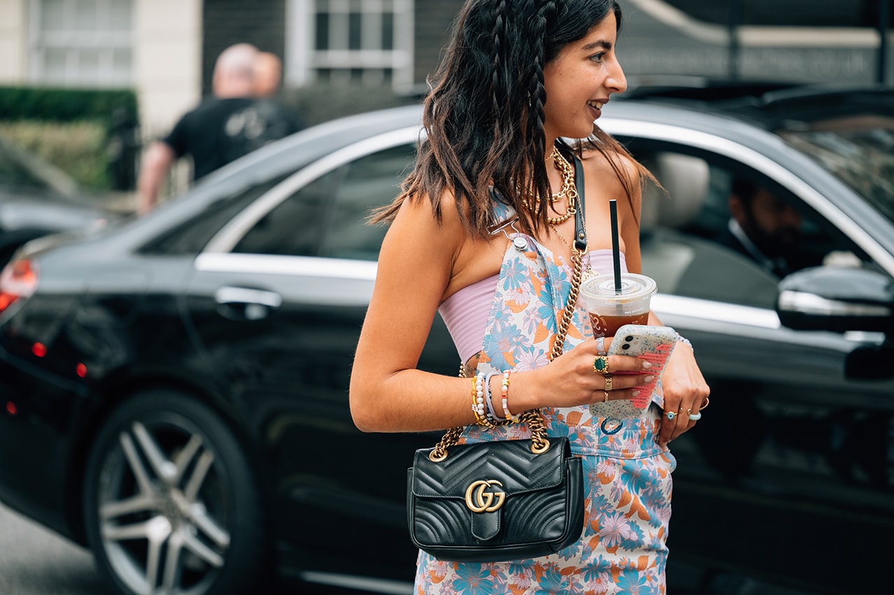 London Fashion Week SS22 Spring Summer 2022 Street Style Looks Outfits Influencer Gucci Bag Beaded Bracelets