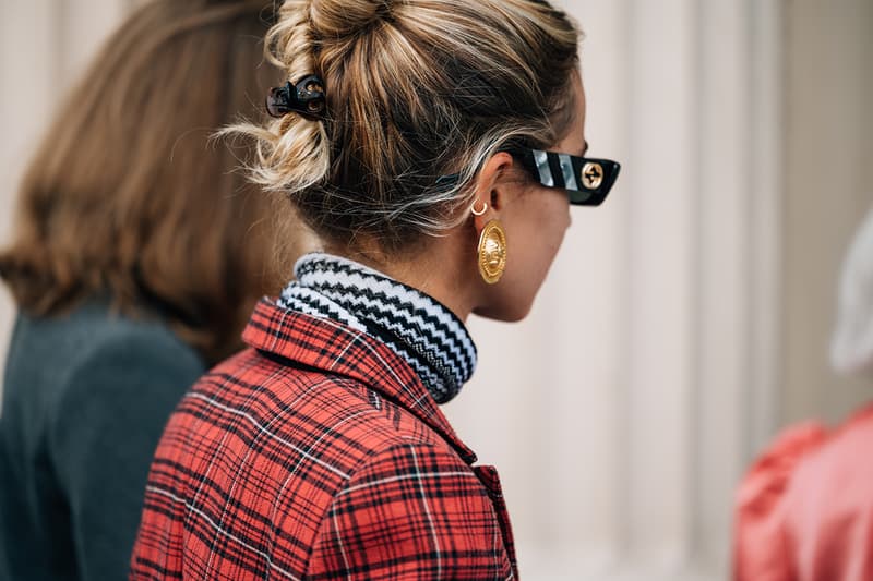 London Fashion Week SS22 Spring Summer 2022 Street Style Looks Outfits Influencer Versace Earrings Red Plaid Blazer Gucci Sunglasses