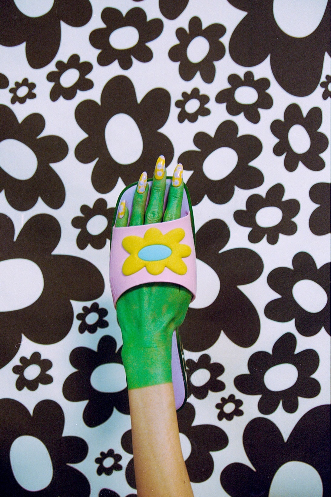 Melissa Lazy Oaf Mules Sandals Collaboration Flower Prints Nails Green Hands