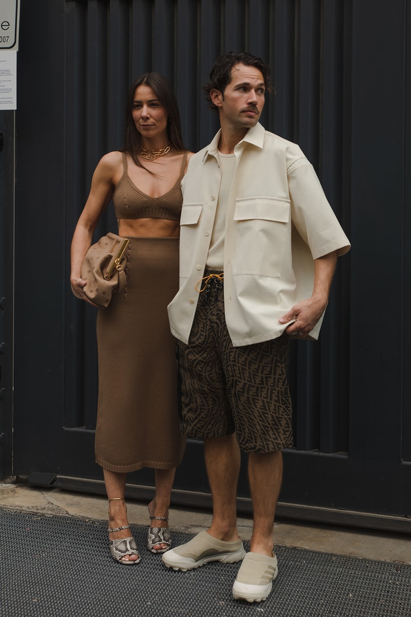 Milan Fashion Week Street Style Spring Summer 2022 SS22 Influencers Outfits Fendi Couple Cashmere Knit Bralette Bra Pencil Skirt Bag Clutch Brown Cream Button Up Shirt