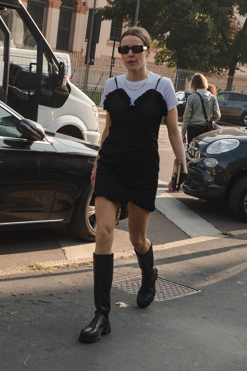 Milan Fashion Week Street Style Spring Summer 2022 SS22 Influencer Outfit black dress boots white t-shirt
