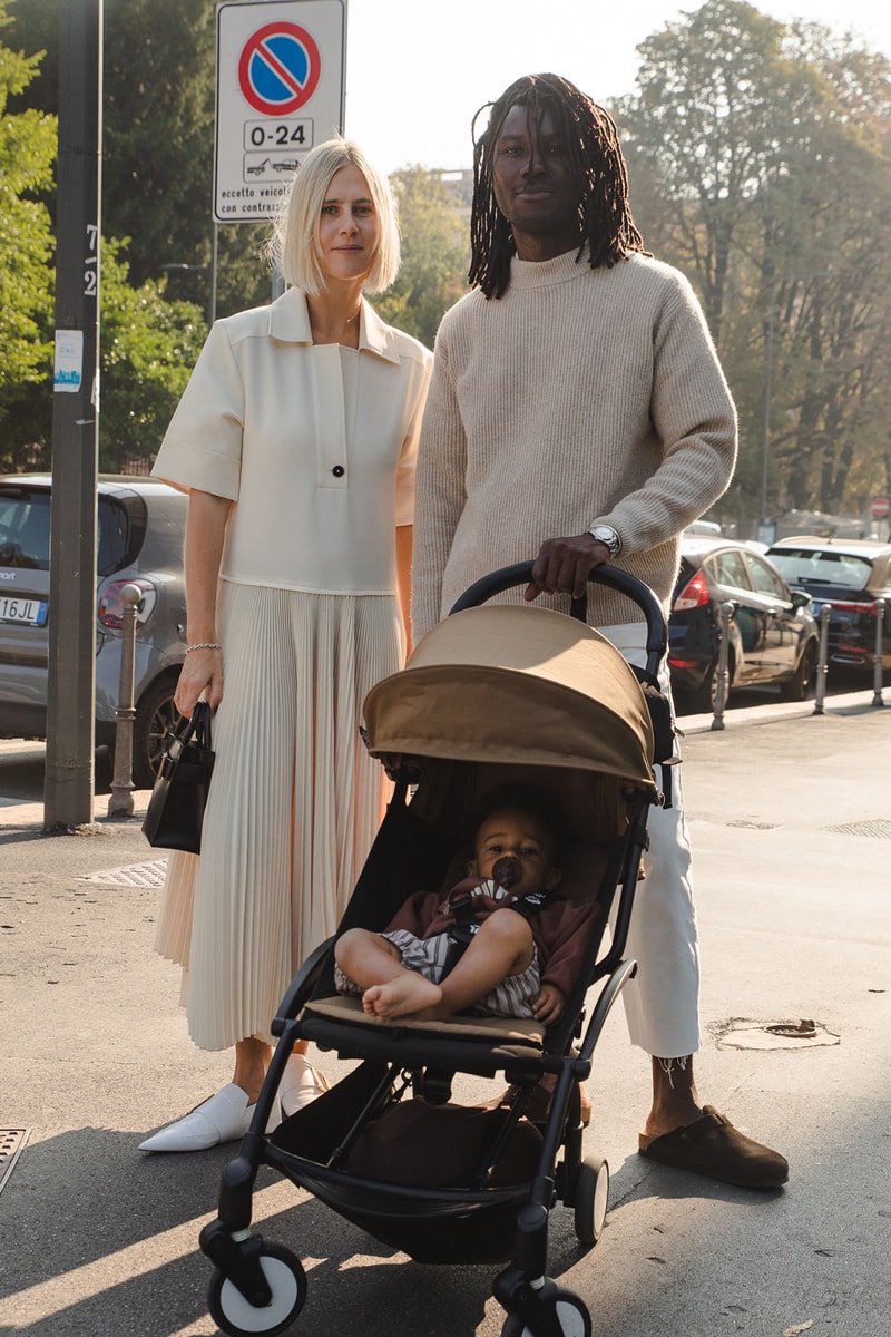 Milan Fashion Week Street Style Spring Summer 2022 SS22 Influencers Outfits Couple Minimalist Knit Sweater Pleated Skirt