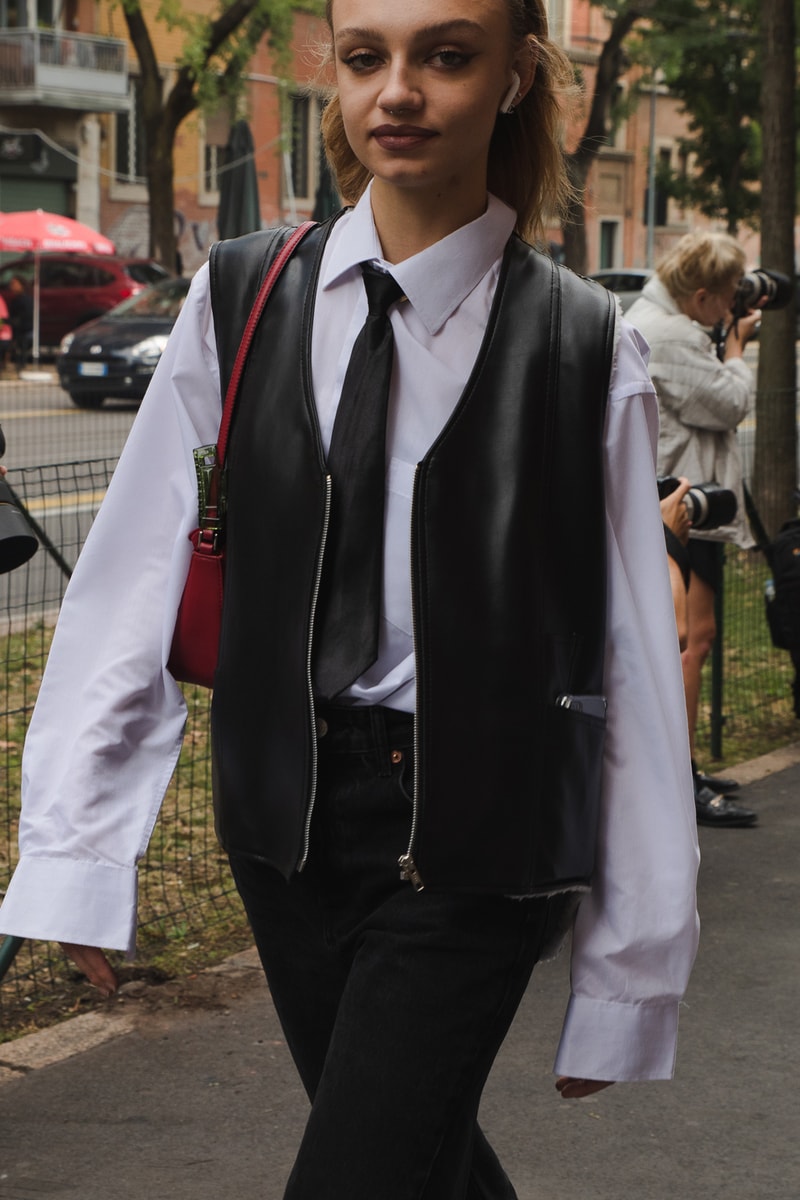 Milan Fashion Week Street Style Spring Summer 2022 SS22 Influencer Outfit Black Leather Vest Tie Brown Lip White Button Up Shirt