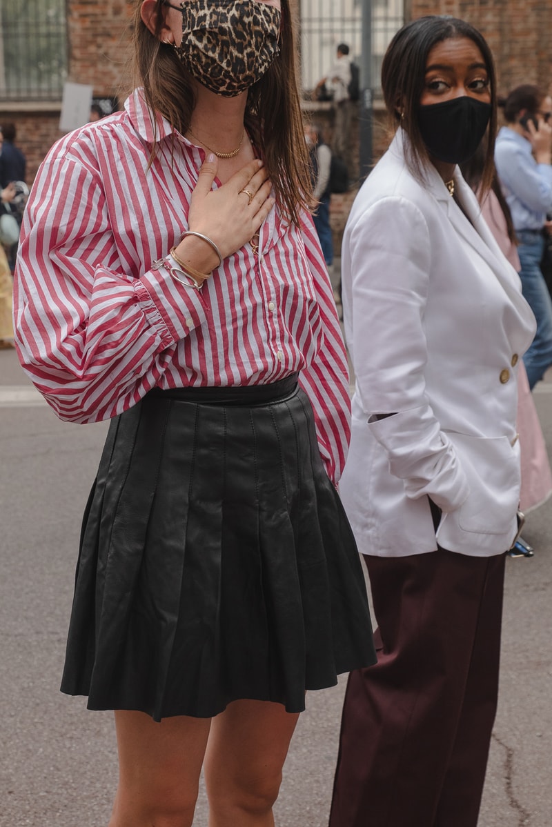 Milan Fashion Week Street Style Spring Summer 2022 SS22 Influencer Outfit Pleated Skirt Striped Shirt