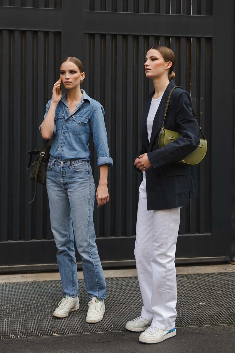 Milan Fashion Week Street Style Spring Summer 2022 SS22 Influencers Models Outfits Denim Shirt Jeans Burberry Half Moon Bag