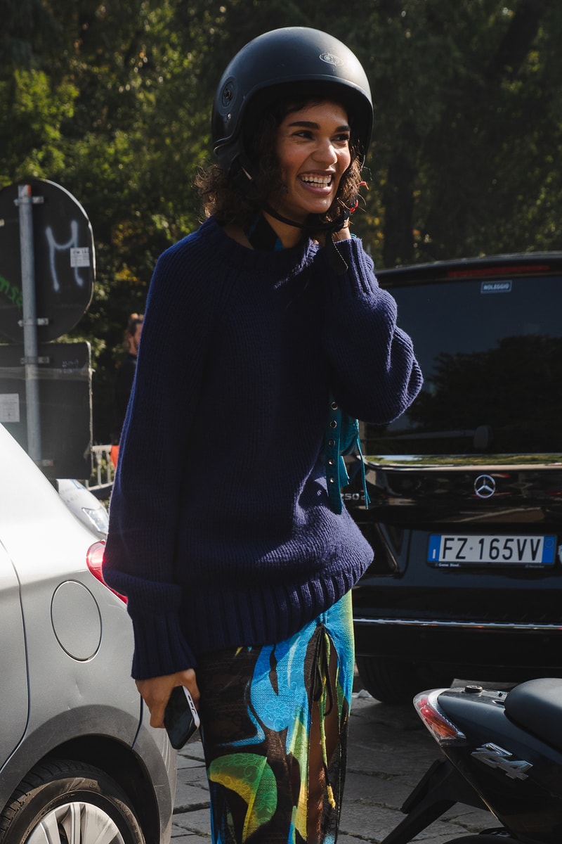 Milan Fashion Week Street Style Spring Summer 2022 SS22 Influencer Outfit blue knit sweater