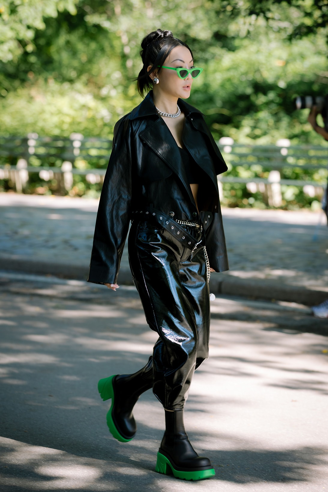 Black Green Boots Leather Coat Outfit New York Fashion Week SS22 Best Street Style Trends Spring Summer 2022 Influencer