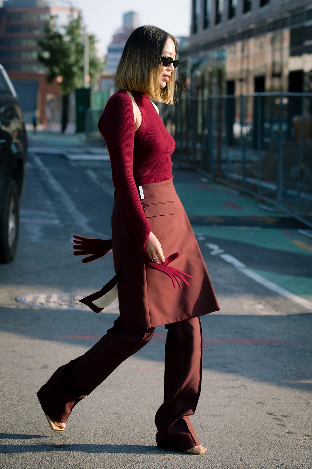 Aimee Song Red Outfit Knitwear Skirt Pants New York Fashion Week SS22 Best Street Style Trends Spring Summer 2022 Influencer