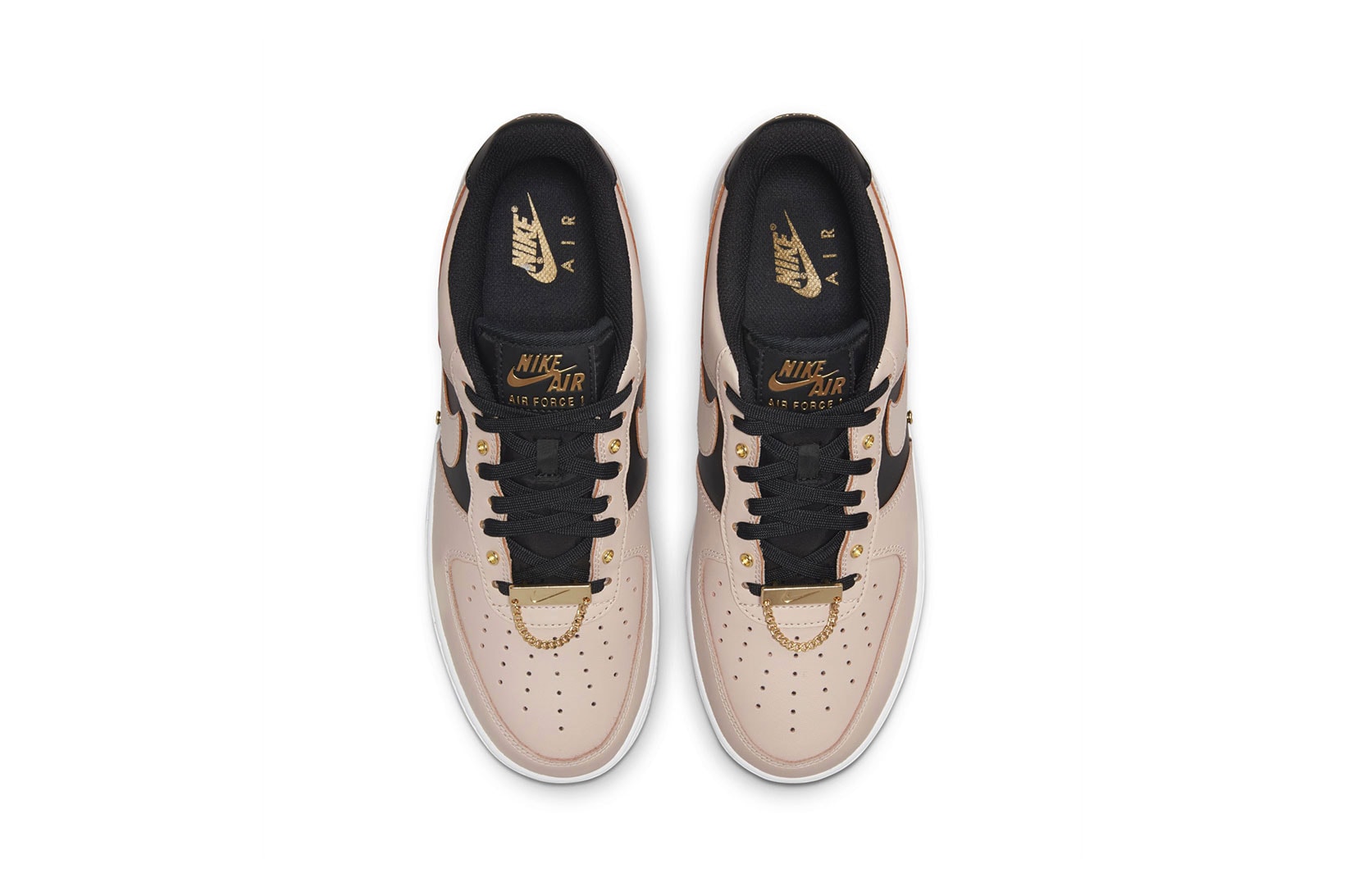 Nike Air Force 1 AF1 Particle Beige Tan Black Gold White Sneakers Shoes Kicks Footwear Aerial Top View Insole