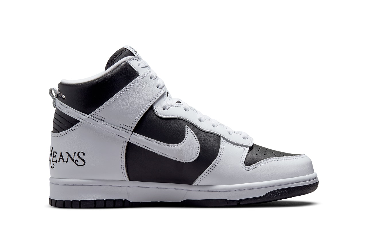 Supreme x Nike SB Dunk High “By Any Means” in "Black/White" side view