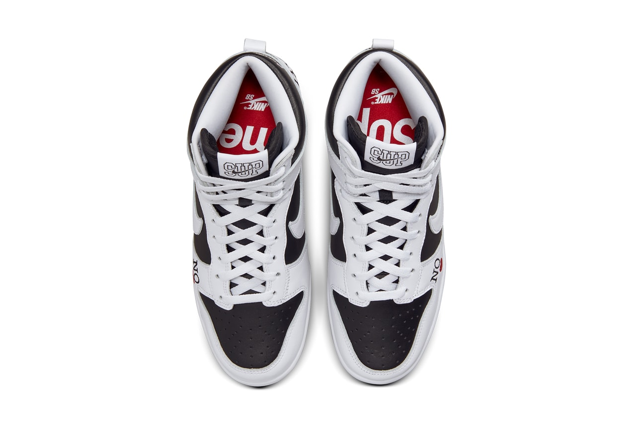 Supreme x Nike SB Dunk High “By Any Means” in "Black/White" top view