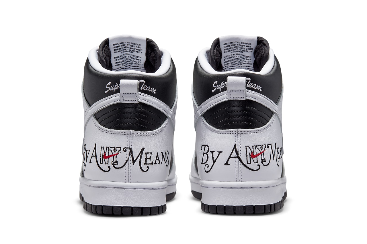 Supreme x Nike SB Dunk High “By Any Means” in "Black/White" back view