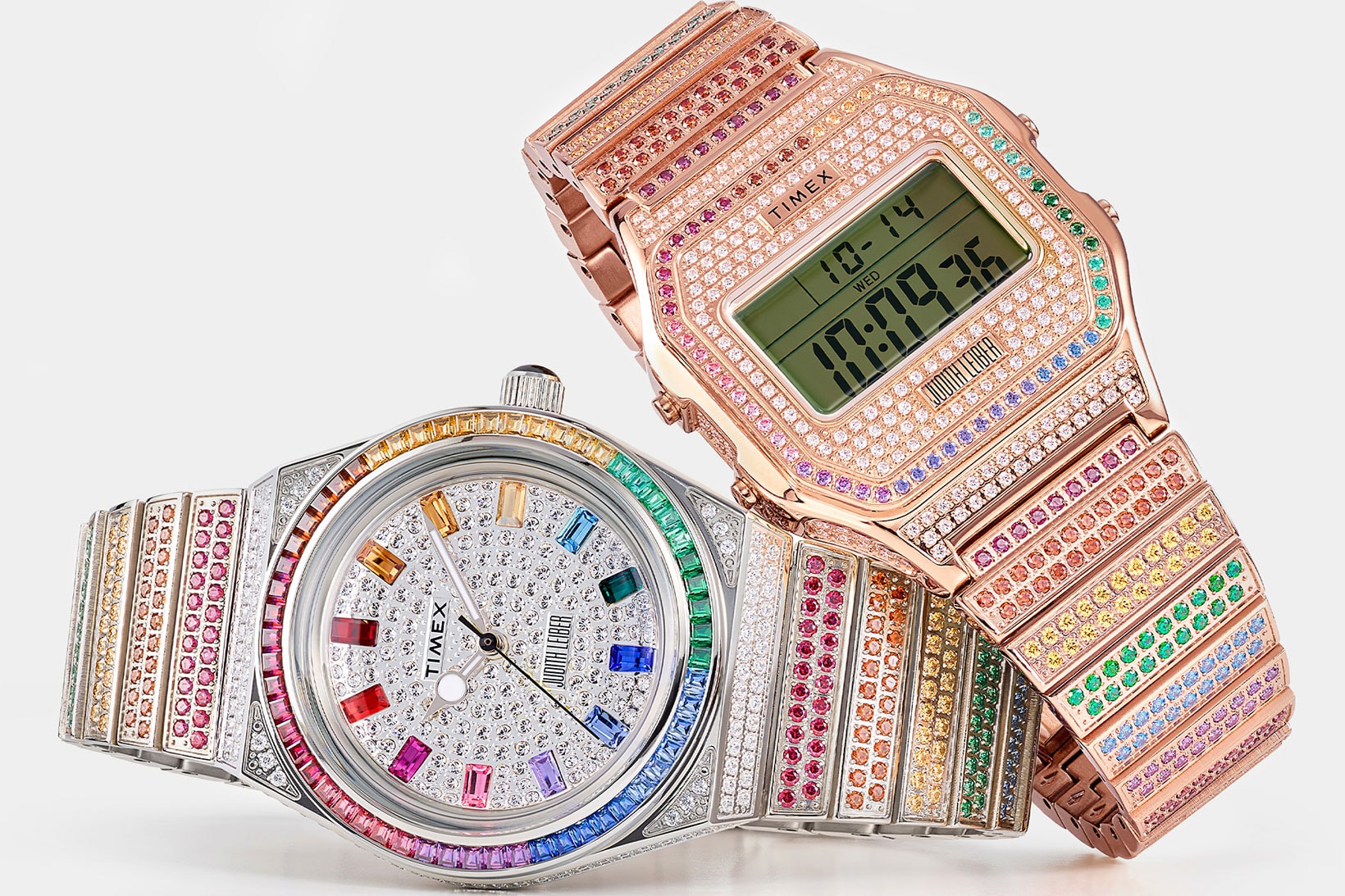 Timex x Judith Leiber Q Timex and T80 watches crystals rainbow