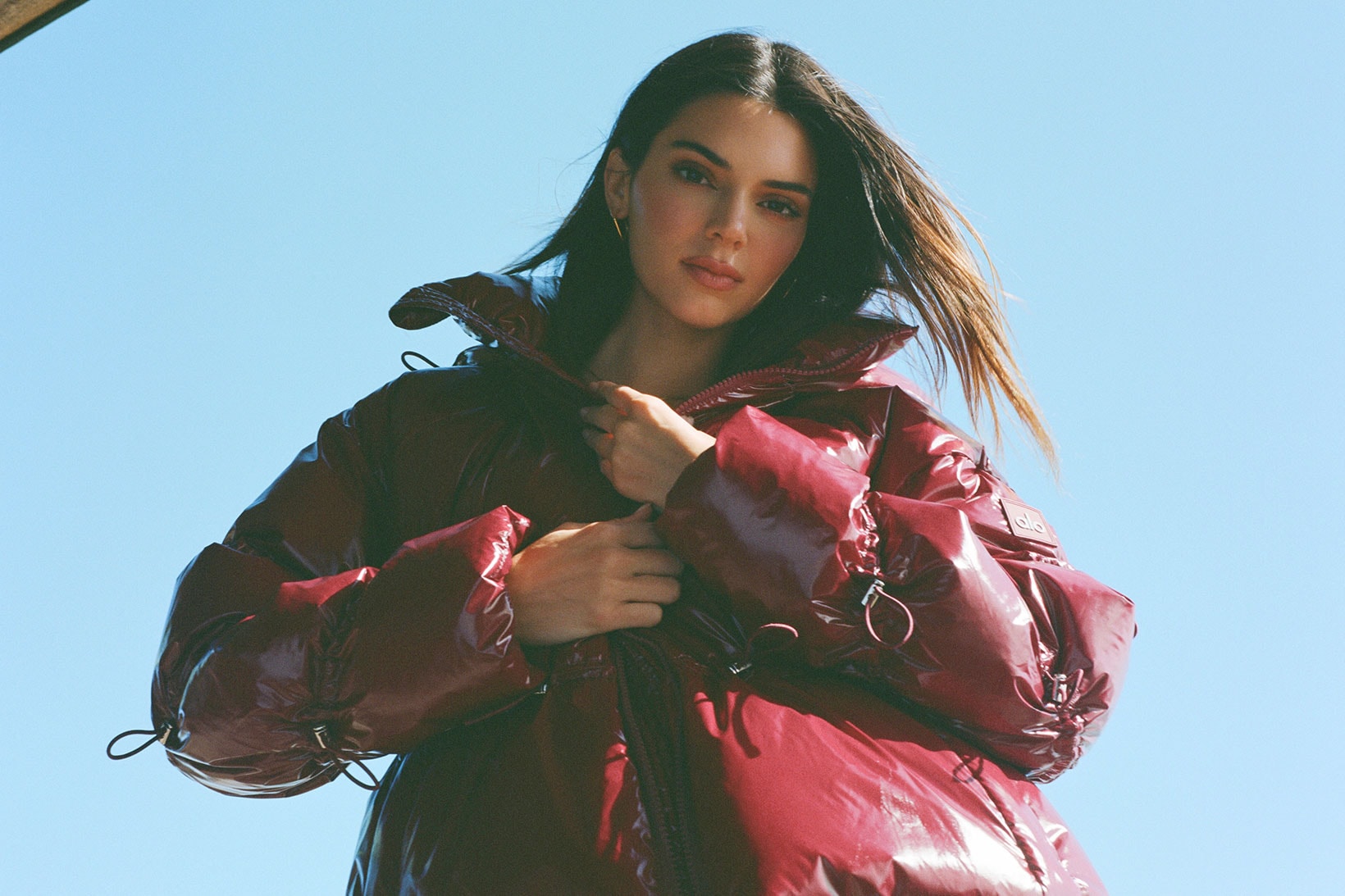 Alo Yoga Kendall Jenner Holiday Jackets and Coats Campaign Puffer Sky