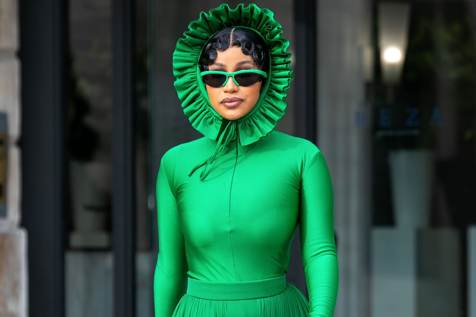 Cardi B Paris Fashion Week Green Catsuit Richard Quinn