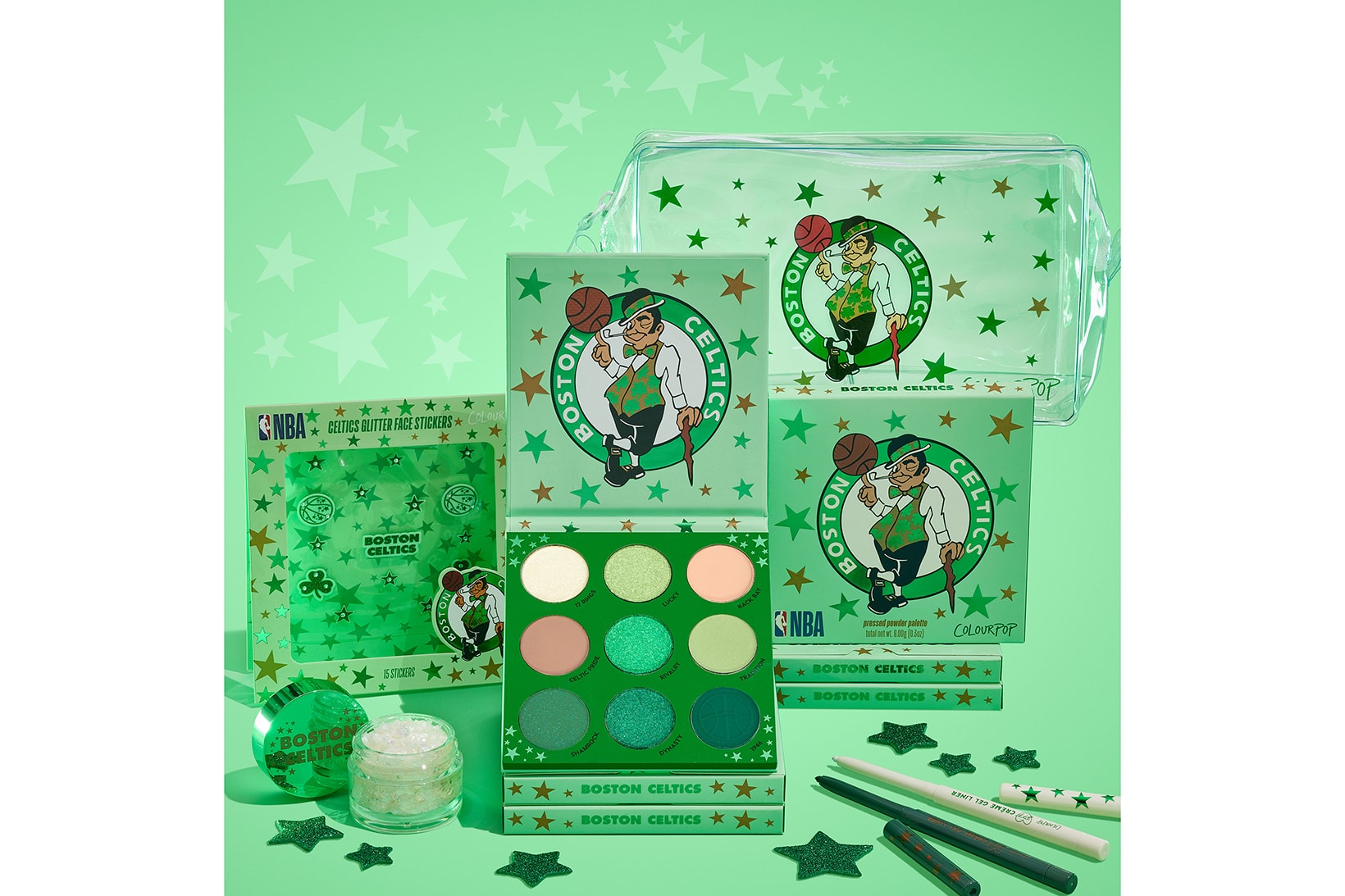 NBA ColourPop Cosmetics Makeup Collection Collaboration Beauty Eyeshadow Palettes Boston Celtics Eyeliners Bags Face Gels Stickers