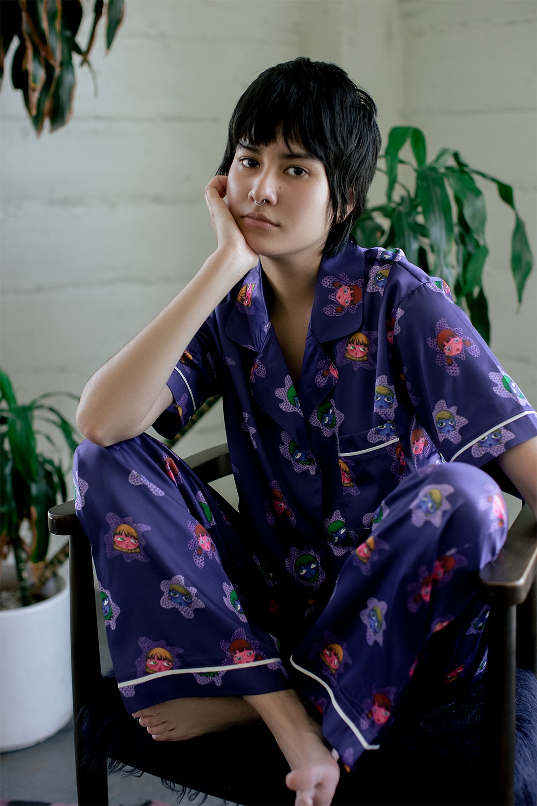 Julia Abe Prom Apparel Collection Collaboration Murasaki All Over Print Pajamas Short Sleeve Shirt Pants