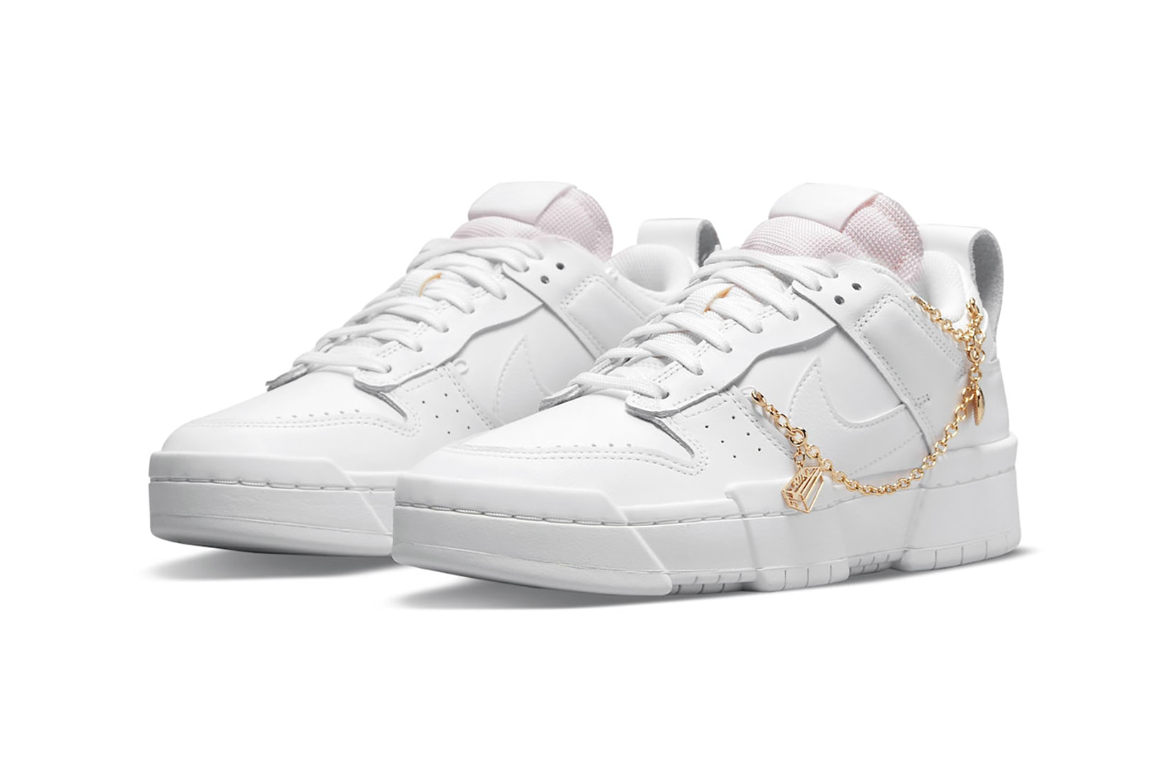 Nike Womens Sneakers Dunk Low Disrupt Gold Charms White Light Pink Footwear Kicks Shoes Lateral