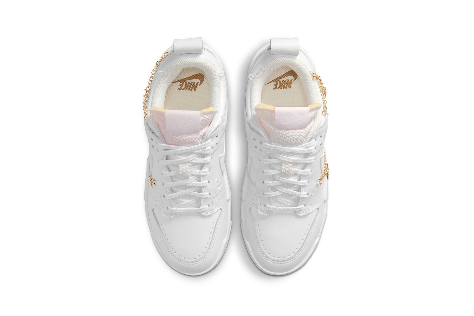 Nike Womens Sneakers Dunk Low Disrupt Gold Charms White Light Pink Footwear Kicks Shoes Top View Insole