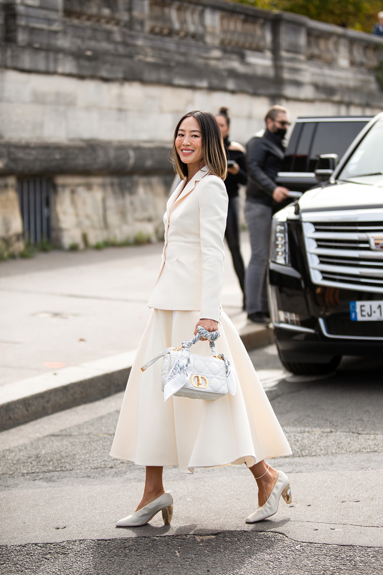 Paris Fashion Week Spring Summer 2022 SS22 Street Style Look Outfit Influencer Aimee Song Dior Skirt Jacket Heels