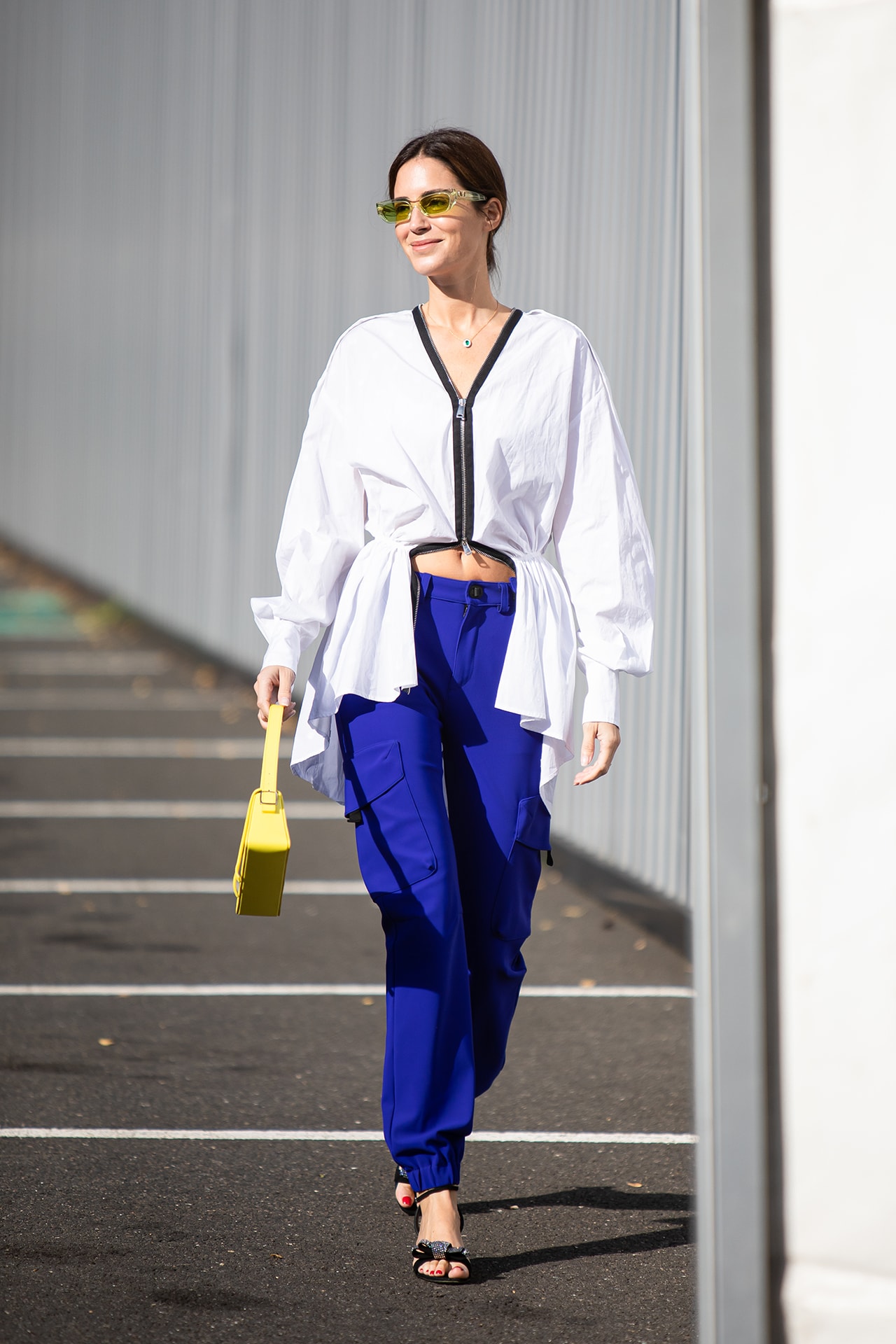 Paris Fashion Week Spring Summer 2022 SS22 Street Style Look Outfit Influencer White Top Blue Pants