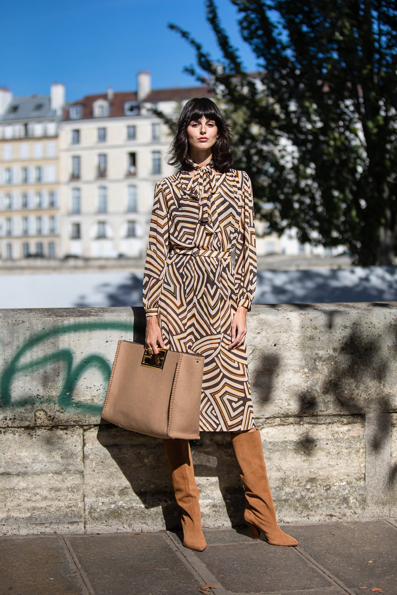 Paris Fashion Week Spring Summer 2022 SS22 Street Style Look Outfit Influencer Fendi Bag Beige Brown Dress Bots