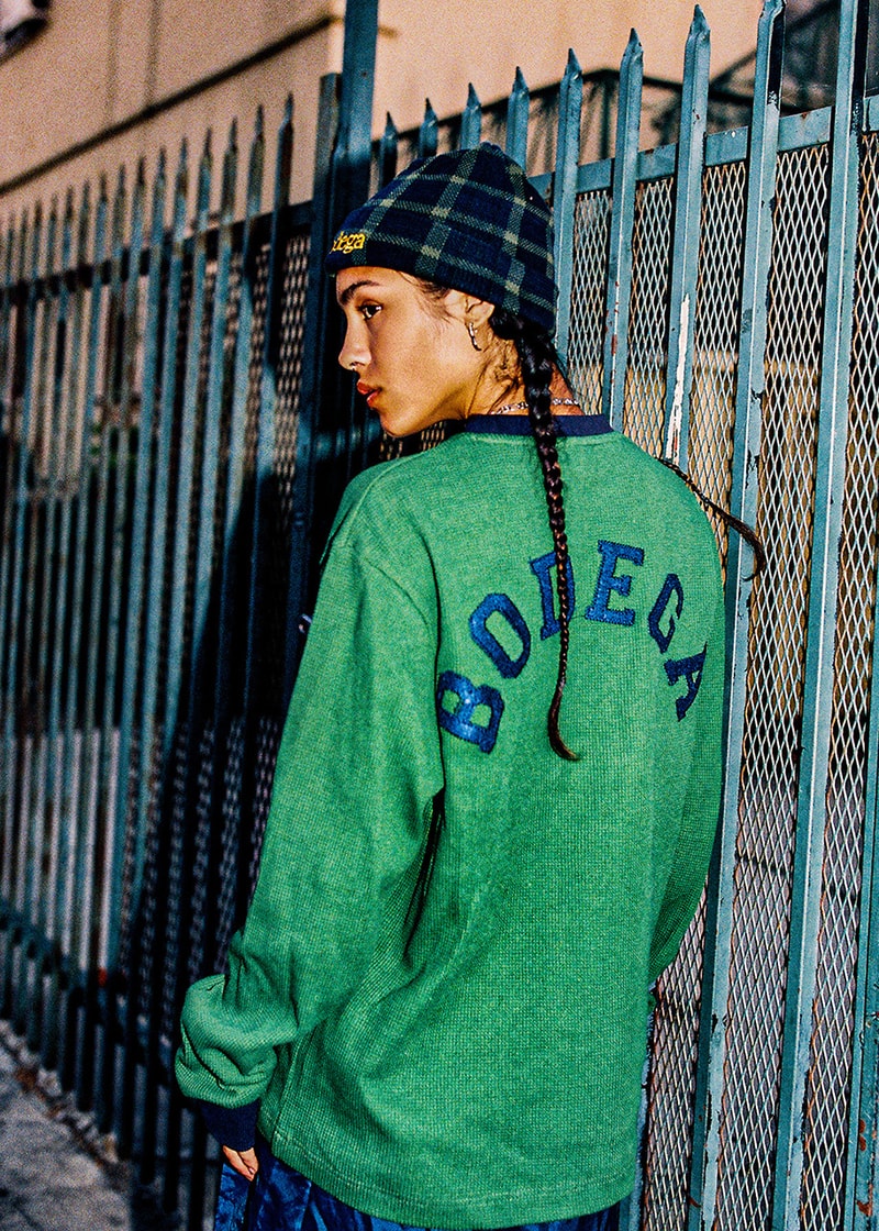 bodega green long sleeve shirt blue and green plaid beanie