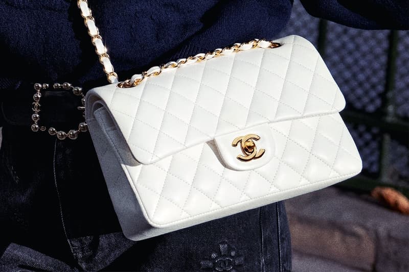 White quilted gold chain chanel handbag tote outfit