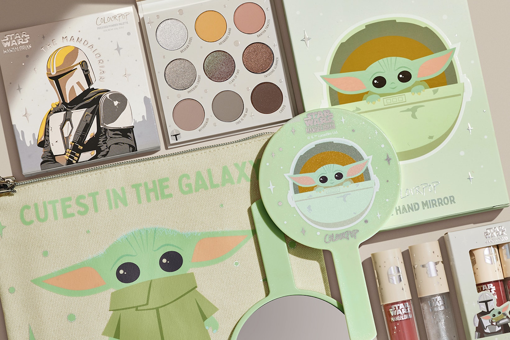 Star Wars The Mandalorian ColourPop Makeup Collaboration Collection Eyeshadow Lip Oil Mirror Pouch Baby Yoda