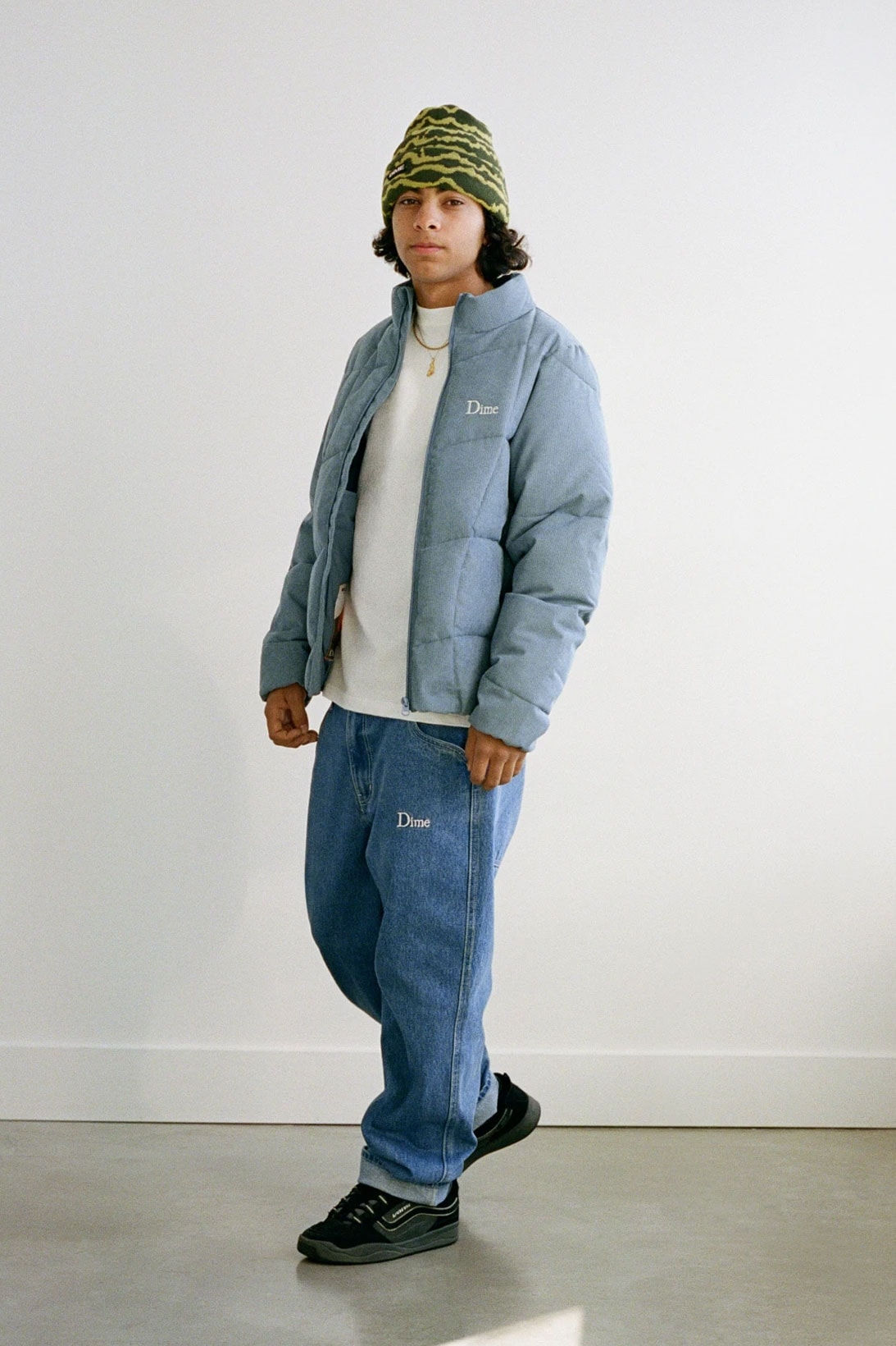 Dime Holiday 2021 Collection Lookbook Puffer Jacket Jeans Logo