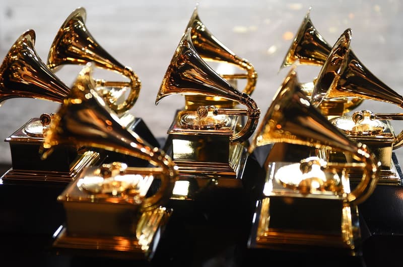 grammy award trophies displayed