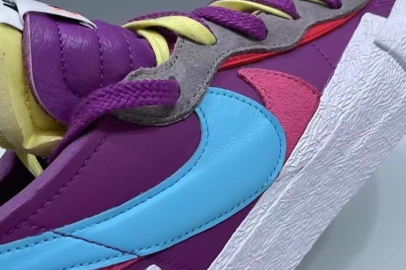 KAWS sacai Nike Blazer Low Purple Blue Pink Yellow White Colorway Sneakers Footwear Shoes Kicks Collaboration Close up