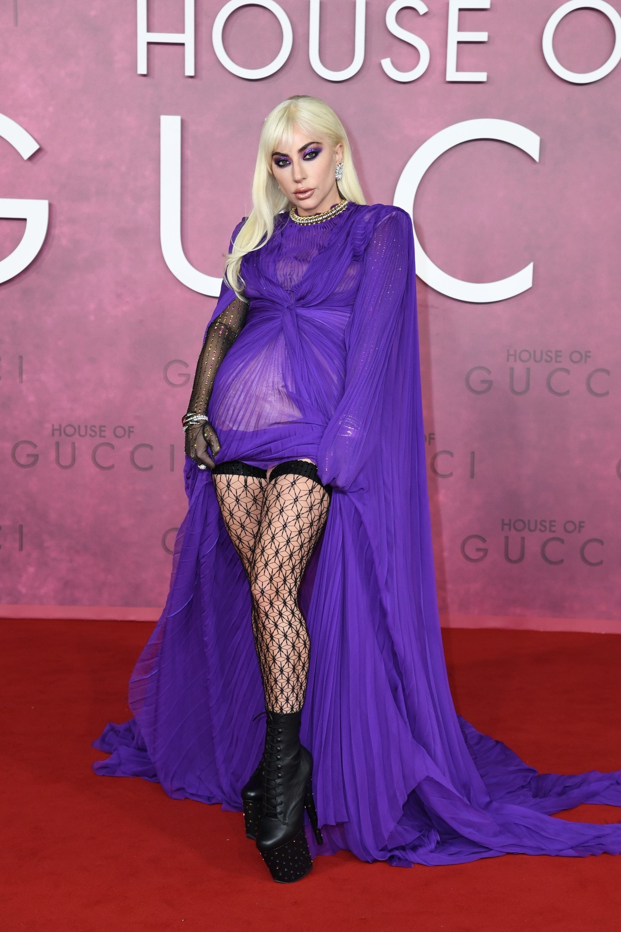lady gaga purple gucci dress house of gucci london premiere red carpet film