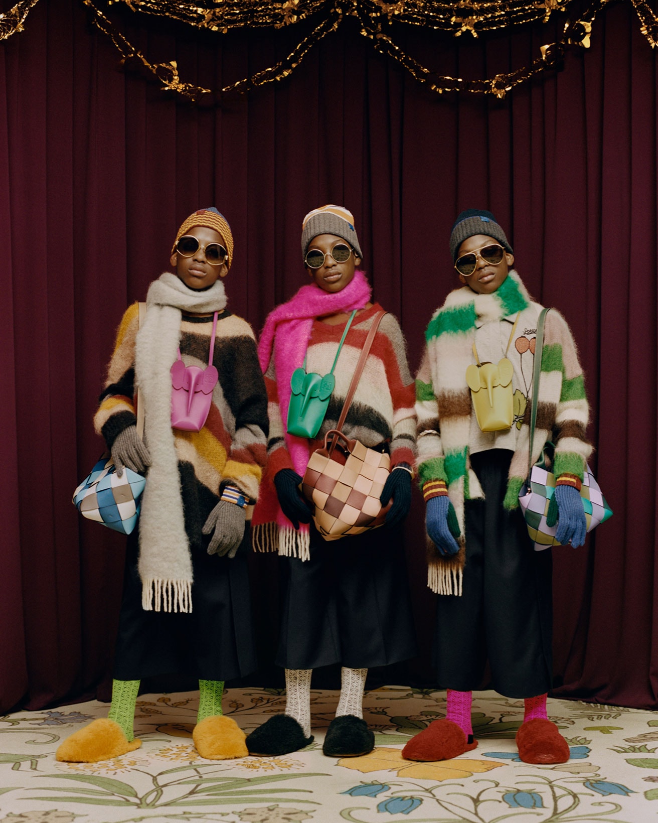 Loewe Holiday 2021 Collection Campaign Knitwear Sweaters Scarves Handbags Puzzle Hobo Slippers