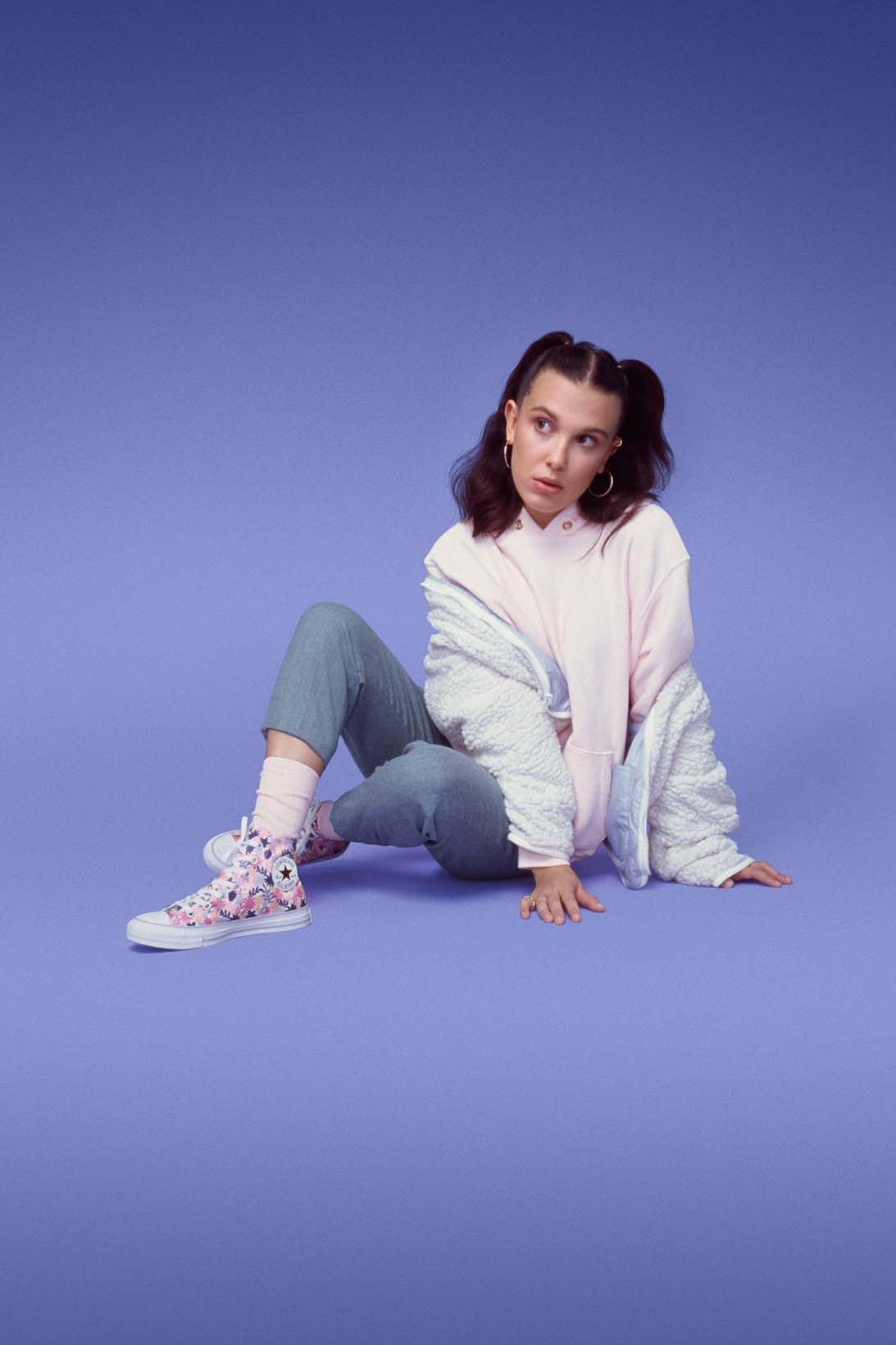 Millie Bobby Brown Florence by Mills Converse Chuck Taylor All Star Pink Purple Orange Lavender Floral Print