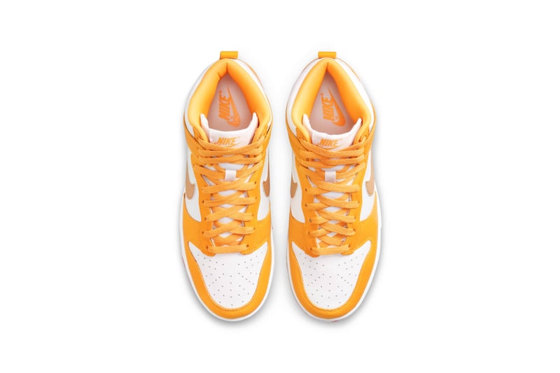Nike Womens Dunk High University Gold Yellow White Sneakers Footwear Shoes Kicks Top Aerial View Insole