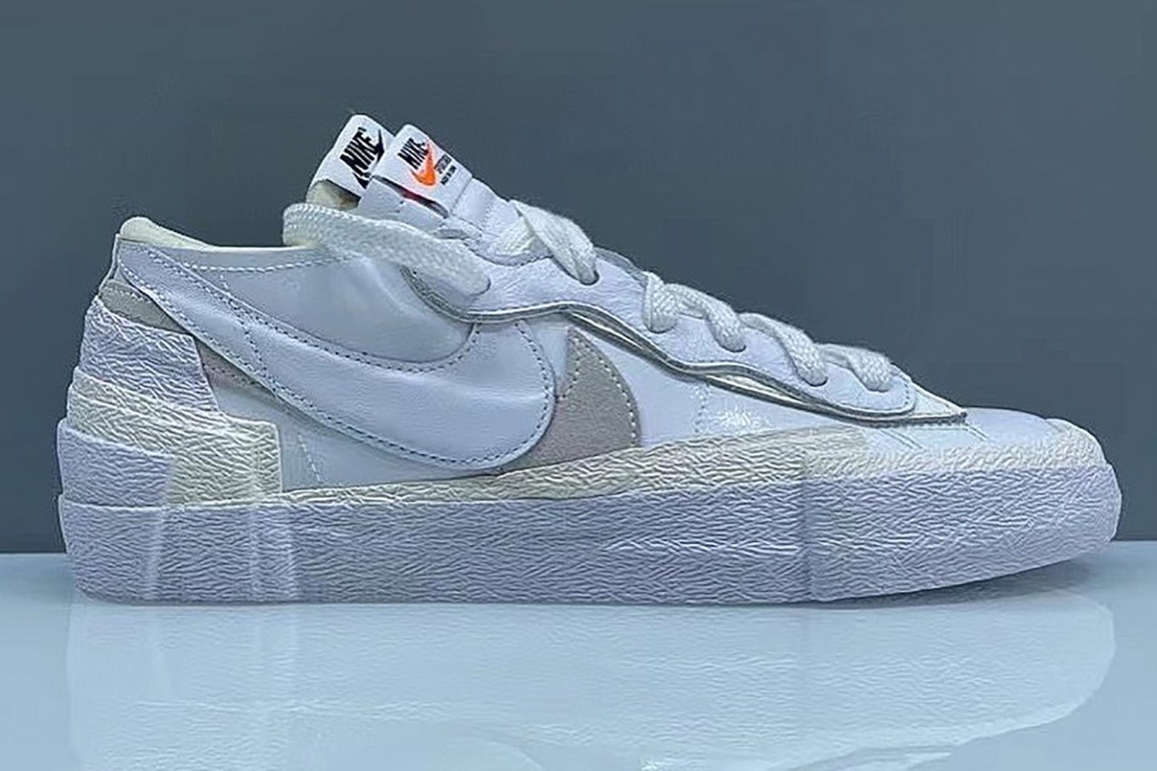 sacai Nike Blazer Low White Grey Sneakers Collaboration Footwear Kicks Shoes Lateral