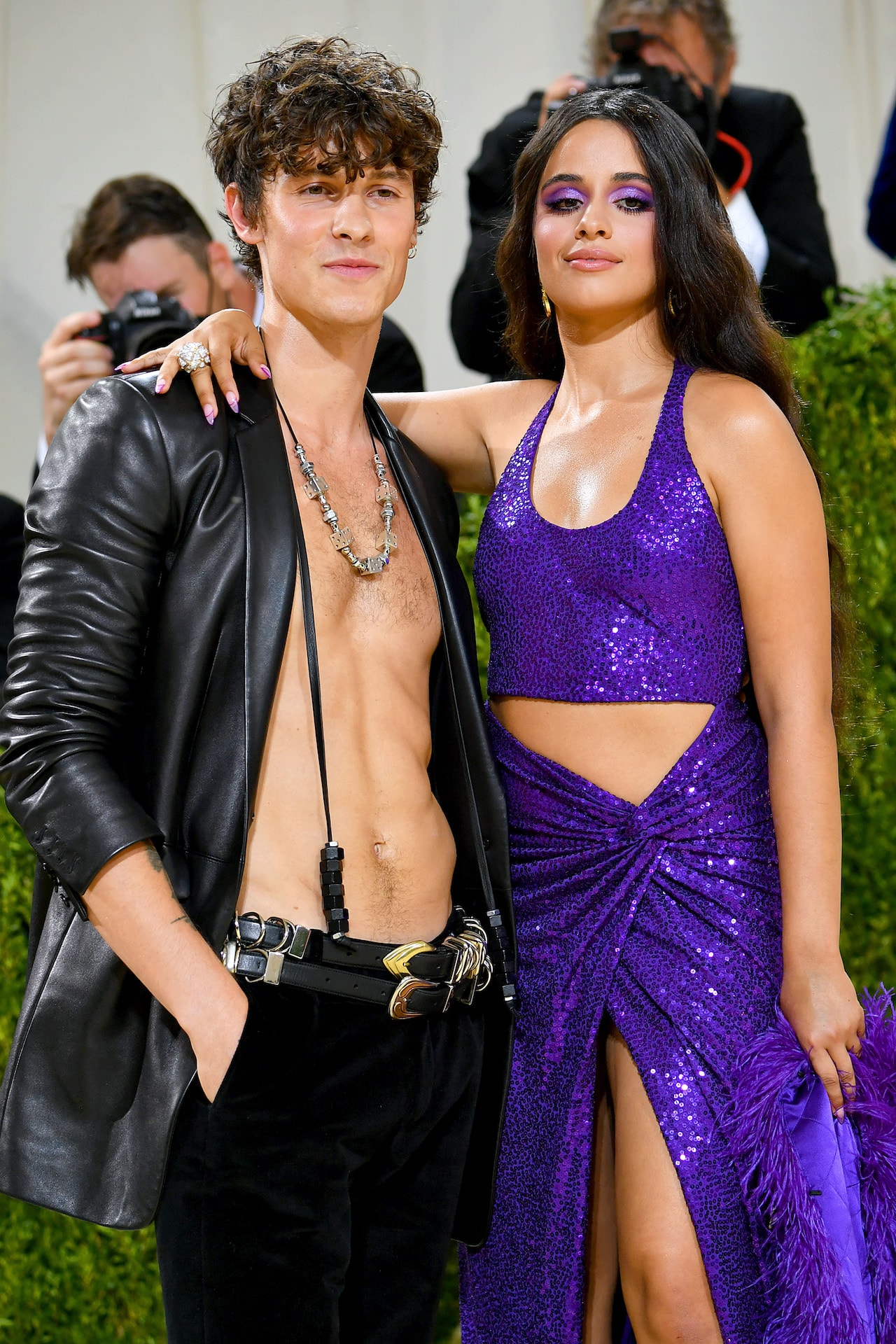 shawn mendes camila cabello posing met gala 2021 black leather purple outfit