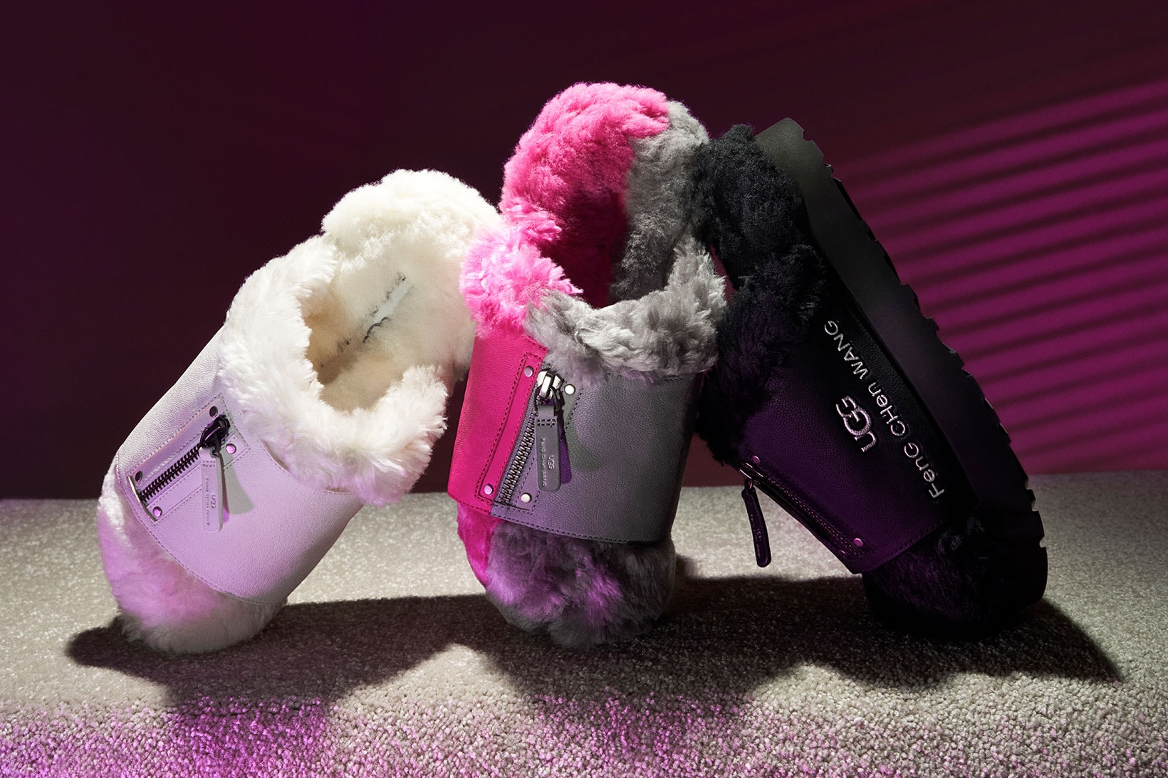 UGG Feng Chen Wang Collaboration FW21 Fluff Sandals White Black Pink Gray