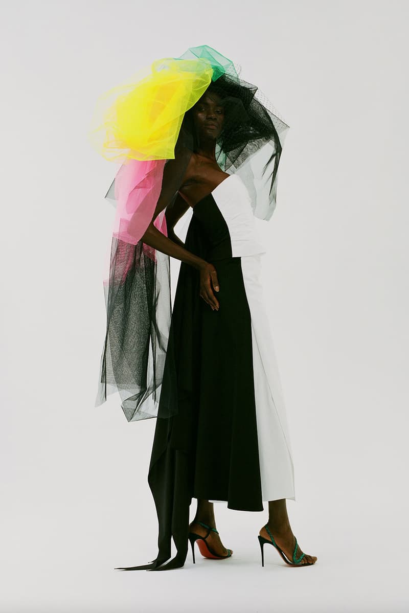 christopher john rogers pre fall 2022 collection 009 black white dress rainbow headpiece