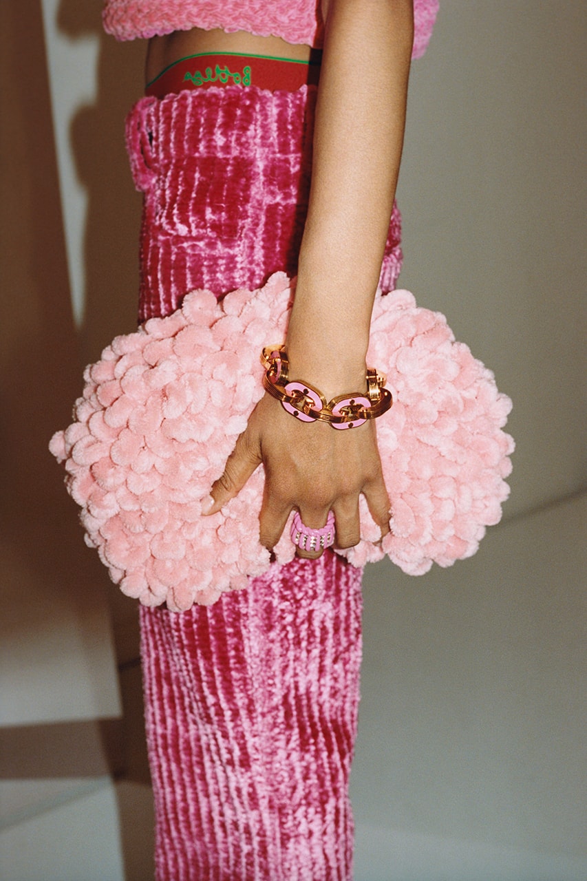 bottega veneta resort 2022 pink fuzzy handbag corduroy pants