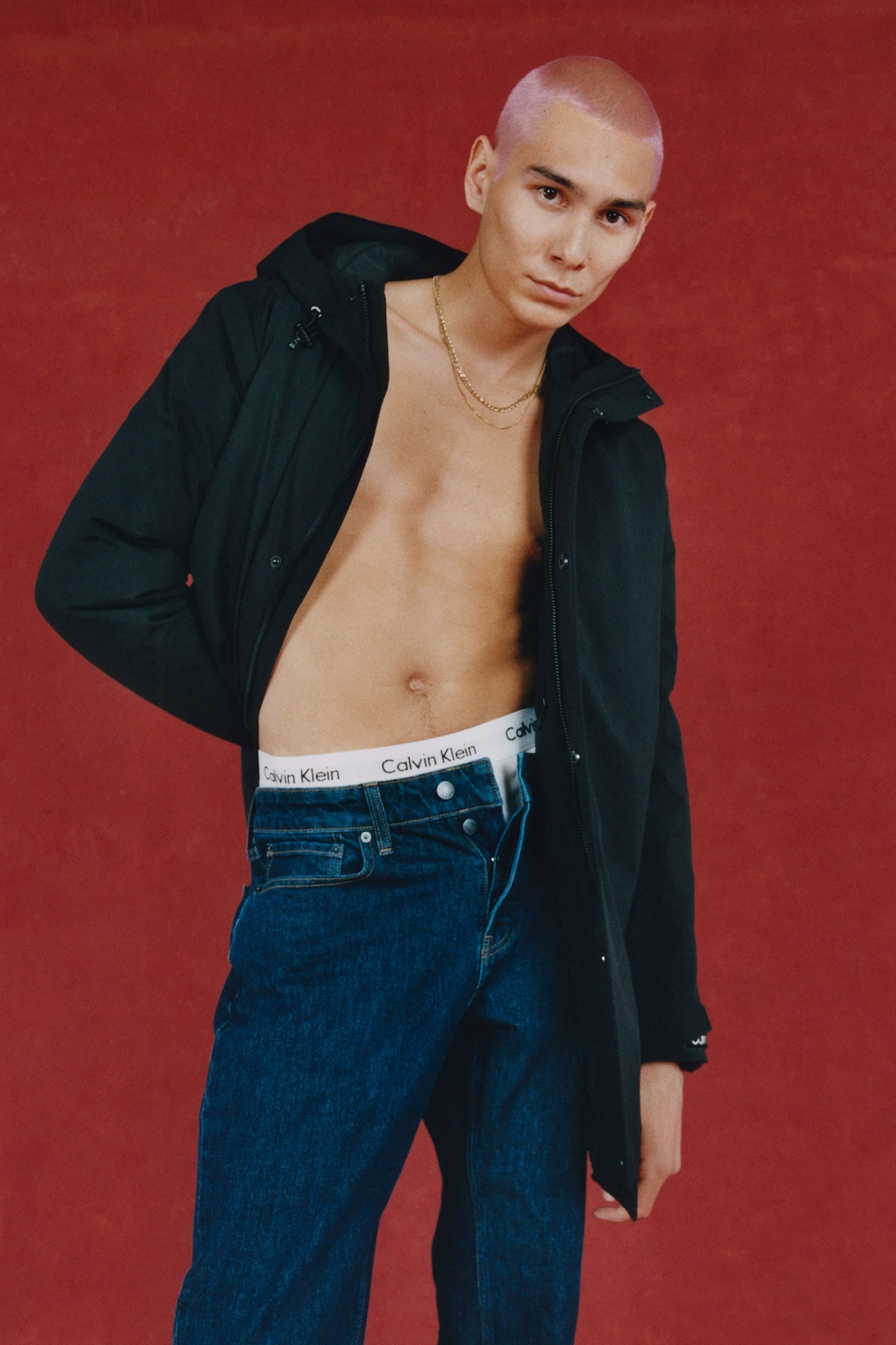 Evan Mock Calvin Klein Underwear Holiday 2021 Campaign Jacket Jeans