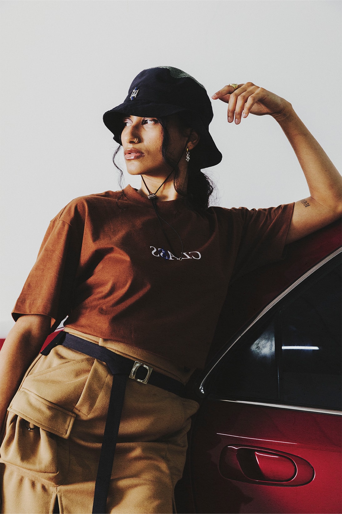 CLASS x SAY UR Women Brown T-shirt Bucket Hat Streetwear Collection Apparel Accessories Belt Hats Caps