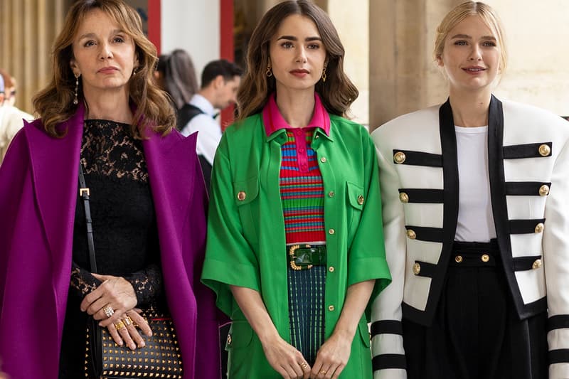 Emily in Paris Netflix Season 2 Lily Collins Camille Razat Sylvie Philippine Leroy-Beaulieu Actors Green Jacket White Gold Buttons Purple Coat Black Lace Dress