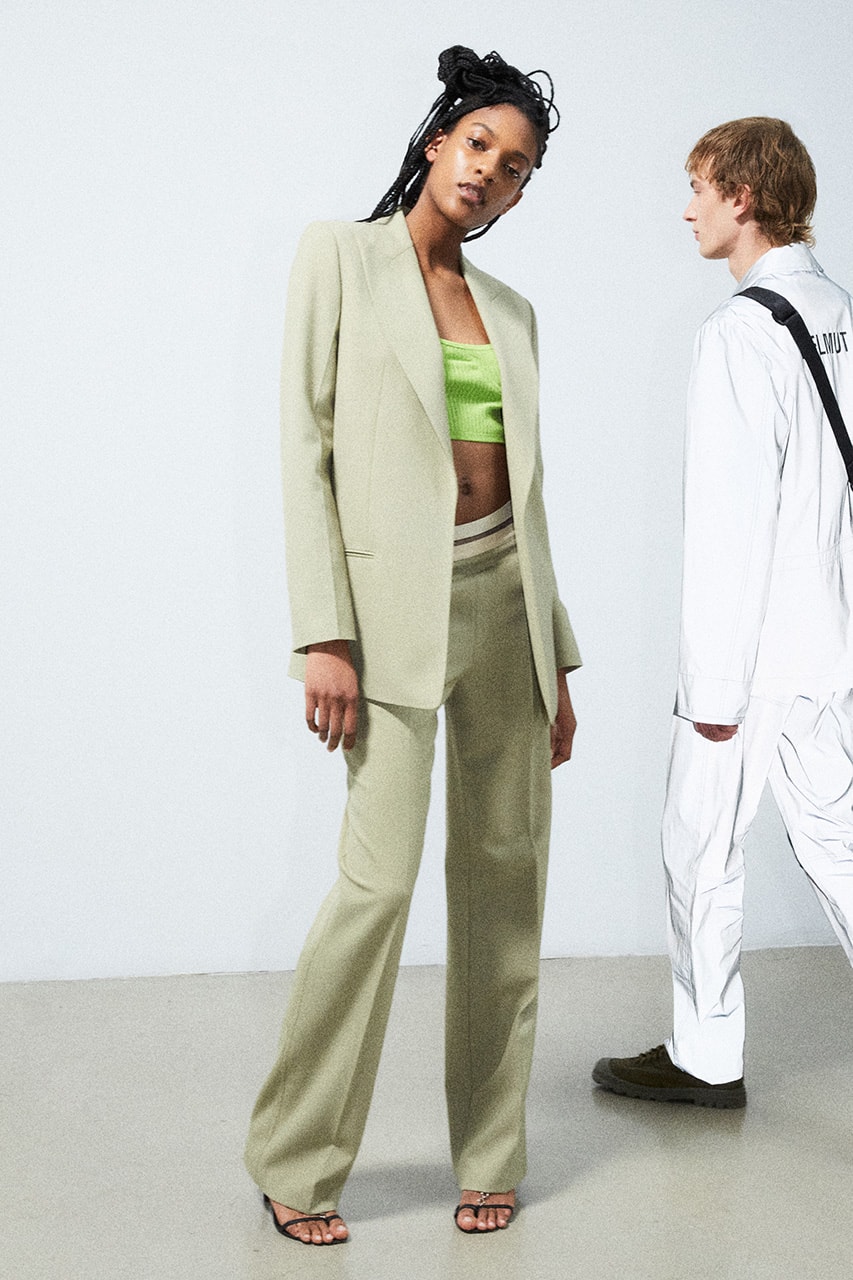 helmut lang pre-fall 2022 matching suit lime green strapless top