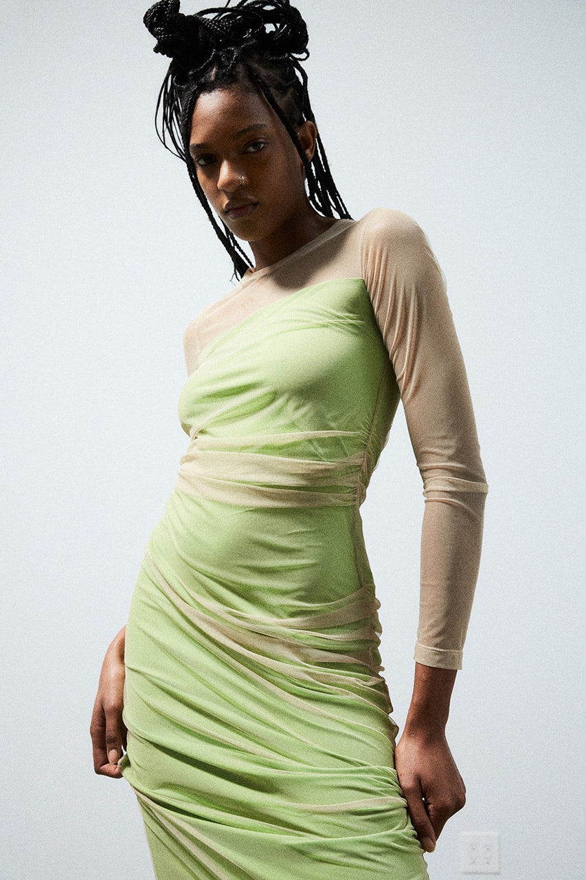 helmut lang pre fall 2022 beige mesh long sleeve top green strapless dress