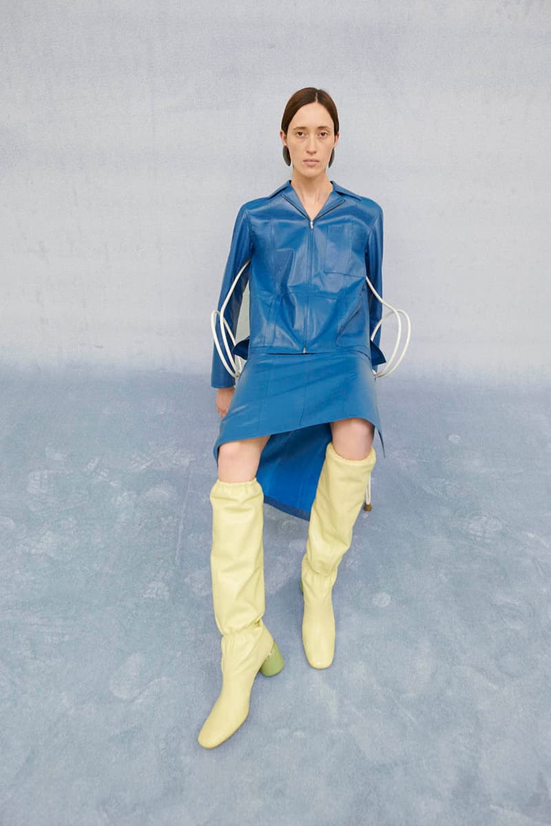 jil sander women's pre-fall 2022 collection blue leather shirt dress yellow calf high boots