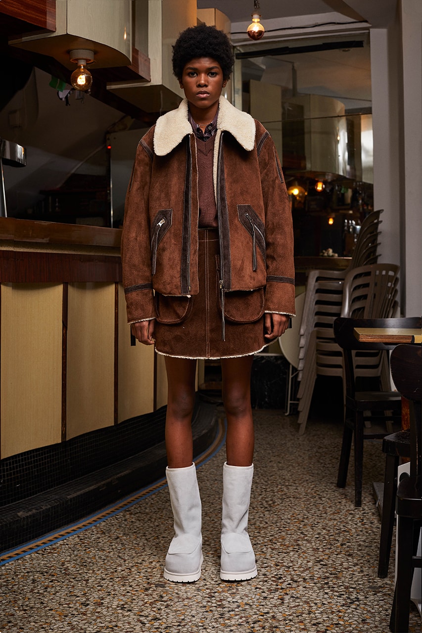 maison margiela avant premiere brown shearling coat suede mini skirt
