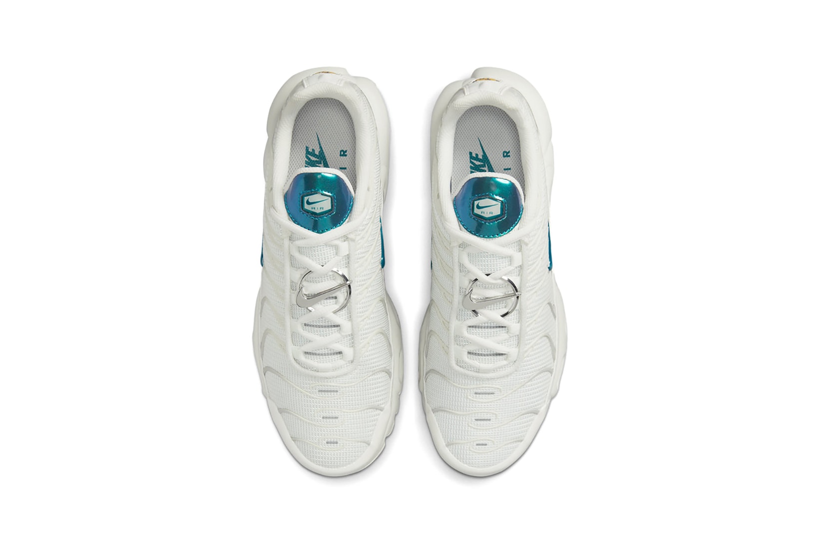 Nike Womens Air Max Plus Metallic Teal Sneakers Footwear Kicks Shoes White Blue Insole Top View