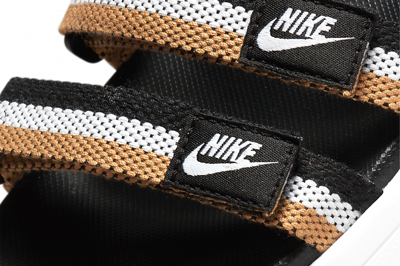 Nike Icon Classic Women Sandals Black Gold White Hook Loop Strap Branding Details